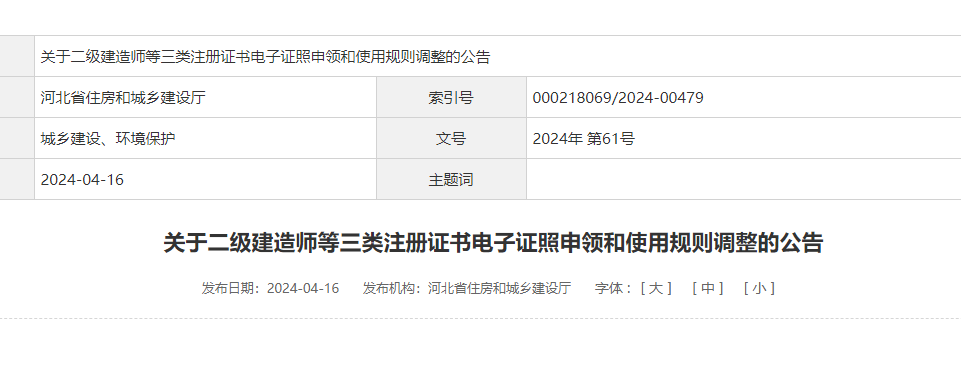 關于二級建造師等三類注冊證書電子證照申領和使用規則調整的公告